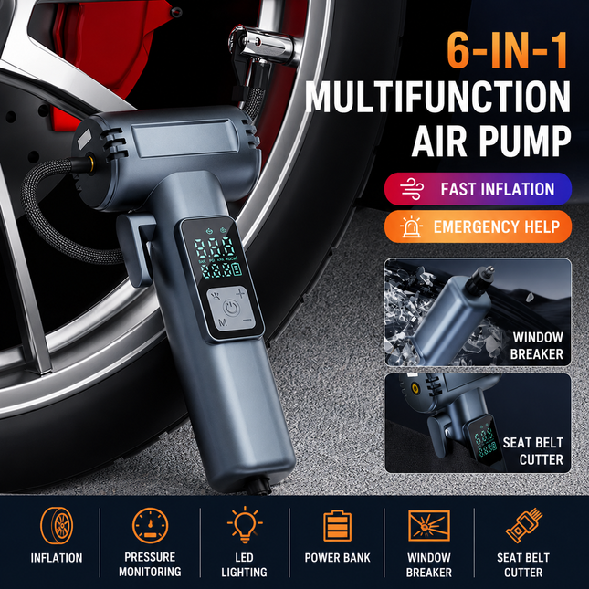 6-in-1 Portable Multifunctional Wireless Car Air Pump Portable Smart Digital Tyre Inflator – product detail
