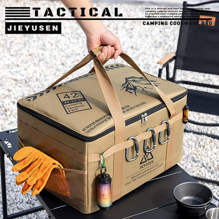 42L Collapsible Outdoor Tactical Organizer, Oxford Fabric Large Capacity Camping Gear Storage Bin with Waterproof PVC Base & Hanging Webbing for Picnic, Hiking, Camping & Kitchen Utensils, Khaki 38 x 26 x 30cm