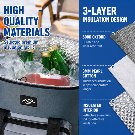 17L Large Capacity Insulated Cooler Bag, Muti Pockets Oxford Fabric Lunch Tote – Foldable 3-Layer Thermal Storage Crossbody Bag with Shoulder Strap, 2-Pack Gray and Navy Blue