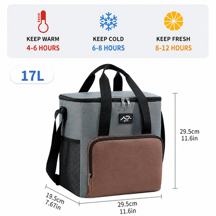 17L Large Capacity Insulated Cooler Bag, Muti Pockets Oxford Fabric Lunch Tote – Foldable 3-Layer Thermal Storage Crossbody Bag with Shoulder Strap, 2-Pack Gray and Black