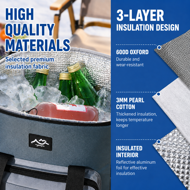 17L Large Capacity Insulated Cooler Bag Muti Pockets Oxford Fabric Lunch Tote Foldable 3-Layer – product detail