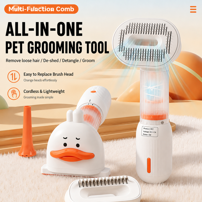 White Rechargeable Pet Grooming Vacuum Brush and Hair Deshedding Comb with 140 Degree Curved Pin – product detail