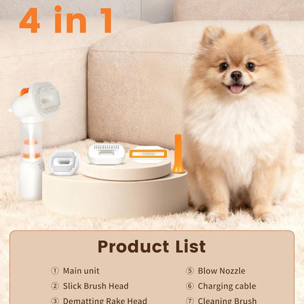 White Rechargeable Pet Grooming Vacuum Brush and Hair Deshedding Comb with 140° Curved Pin Comb & Removable Collection Chamber, 4-in-1 Self-Cleaning Slicker Brush, Detangling Rake, Silicone Cleaning Brush & Blow Nozzle for Cats and Dogs