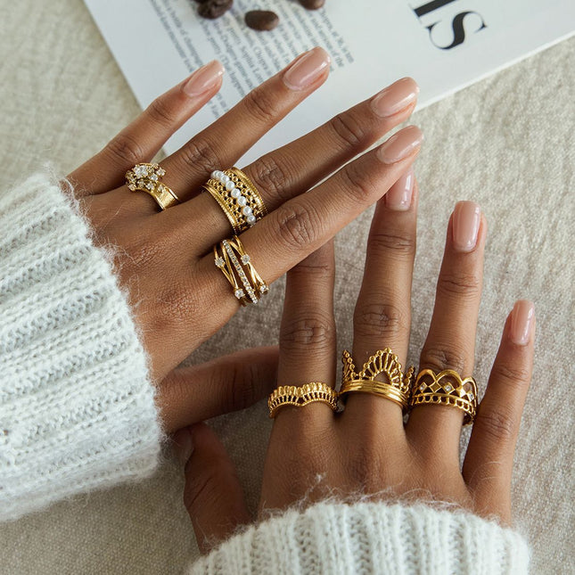 6-Piece Vintage Gold-Plated Stainless Steel Ring Set for – product detail