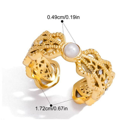 Style 7 Vintage Gold-Plated Stainless Steel Ring for Women - Waterproof Hypoallergenic Stackable Statement Rings, Crown Pearl Crystal & Lace Style Collection Inner Diameter 0.67 in