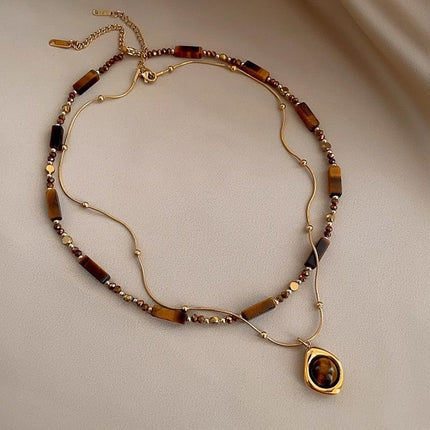 Vintage Double Layer Tiger Eye Stone Stackable Pendant Necklace - Boho Beaded Gold Plated Layered Choker Necklace for Women with Jewelry Box