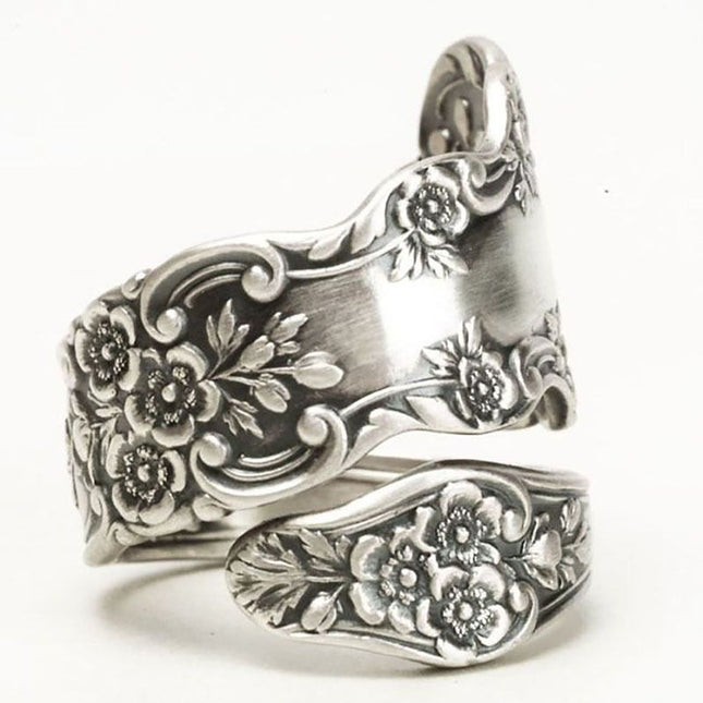 Vintage Camellia Wrap Spoon Ring with Jewelry Box Adjustable Floral Petal Statement Open Bands for