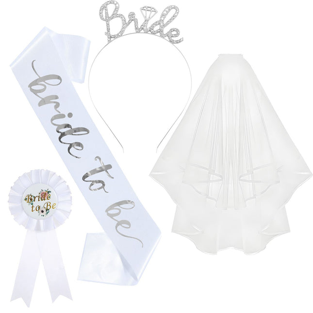 White and Silver Bride to Be Bachelorette Party Accessory Set 4 Piece Bridal Shower Accessories