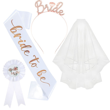 White and Rose Gold Bride to Be Bachelorette Party Accessory Set, 4 Piece Bridal Shower Accessories Kit with Rhinestone Headband, Sash, Badge and Double Layer Veil with Comb