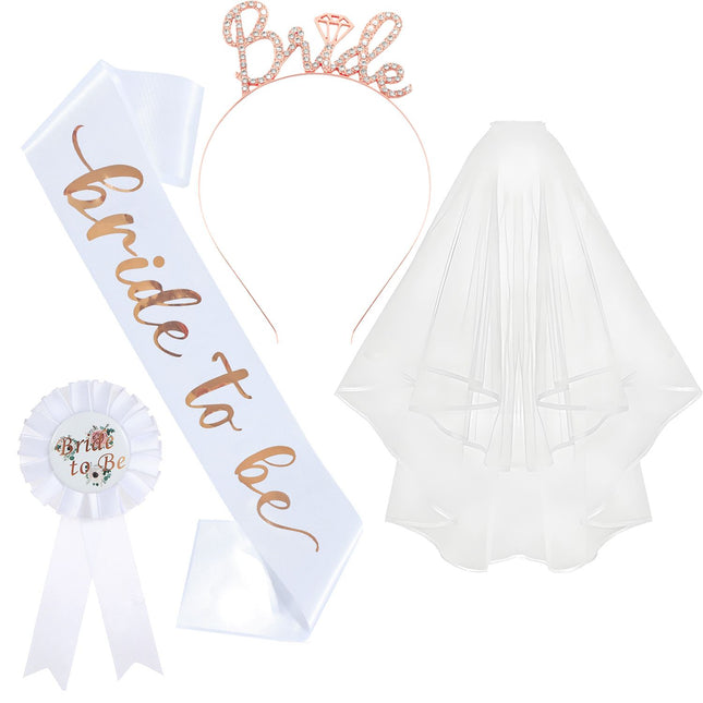 White and Rose Gold Bride to Be Bachelorette Party Accessory Set 4 Piece Bridal Shower V888-ELOSUNG52406