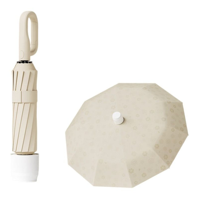 Beige Foldable Automatic Open Umbrella with Retractable Waterproof Sleeve Clip Handle and Winproof Dual