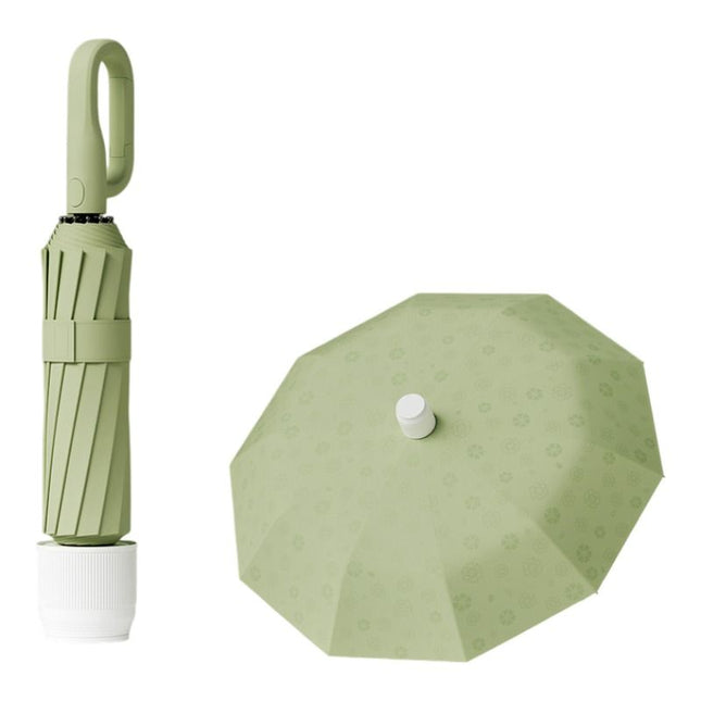 Macha Green Foldable Automatic Open Umbrella with Retractable Waterproof Sleeve Clip Handle and Winproof