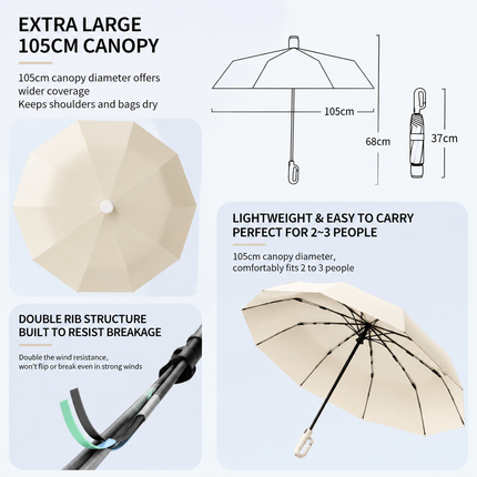 Macha Green Foldable Automatic Open Umbrella with Retractable Waterproof Sleeve, Clip Handle and Winproof Dual Rib - Lightweight Rain Sun Umbrella, Large Diameter 105cm, Compact 37cm Storage, Flower Pattern Appears When Wet