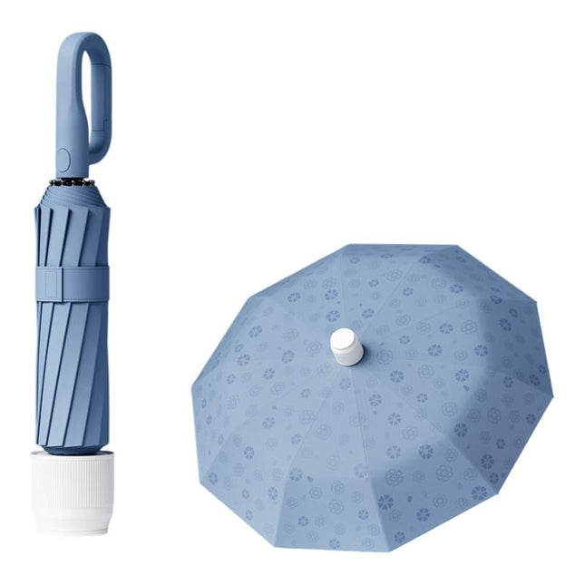 Blue Foldable Automatic Open Umbrella with Retractable Waterproof Sleeve Clip Handle and Winproof Dual