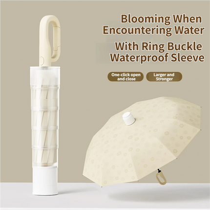 Blue Foldable Automatic Open Umbrella with Retractable Waterproof Sleeve, Clip Handle and Winproof Dual Rib - Lightweight Rain Sun Umbrella, Large Diameter 105cm, Compact 37cm Storage, Flower Pattern Appears When Wet