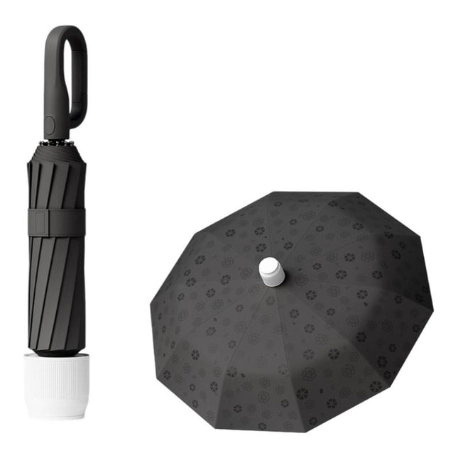 Black Foldable Automatic Open Umbrella with Retractable Waterproof Sleeve Clip Handle and Winproof Dual