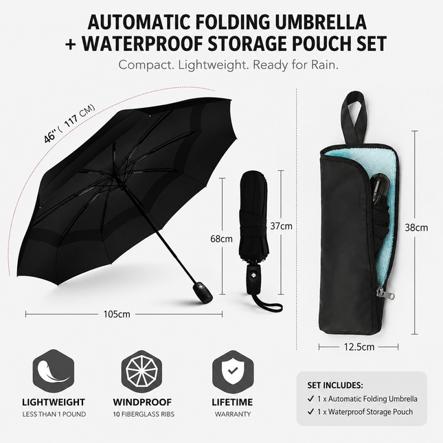 46 inch Black Windproof Automatic Travel Folding Umbrella and Black Absorbent Hanging Storage Pouch