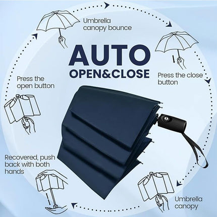 46 inch Black Windproof Automatic Travel Folding Umbrella and Black Absorbent Hanging Storage Pouch Set – Compact 3-Fold Auto Open Close Umbrella wth Double Canopy and 10 Reinforced Ribs for Rain & Sun Outdoor Use