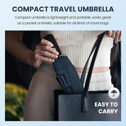 46 inch Navy Blue Windproof Automatic Travel Folding Umbrella and Black Absorbent Hanging Storage Pouch Set – Compact 3-Fold Auto Open Close Umbrella wth Double Canopy and 10 Reinforced Ribs for Rain & Sun Outdoor Use