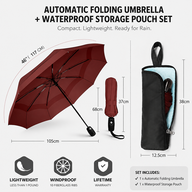 46 inch Wine Red Windproof Automatic Travel Folding Umbrella and Black Absorbent Hanging Storage