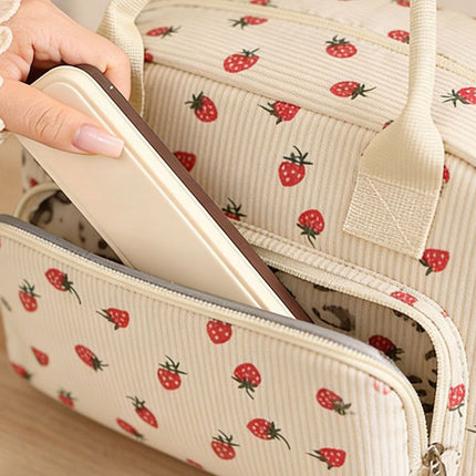Strawberry Print Soft Corduroy Insulated Lunch Bag for Women and Students - Large Capacity Thermal Lunch Tote with Shoulder Strap, Front Zip Pocket and Side Bottle Holder 11.4 x 9 6.7 inch
