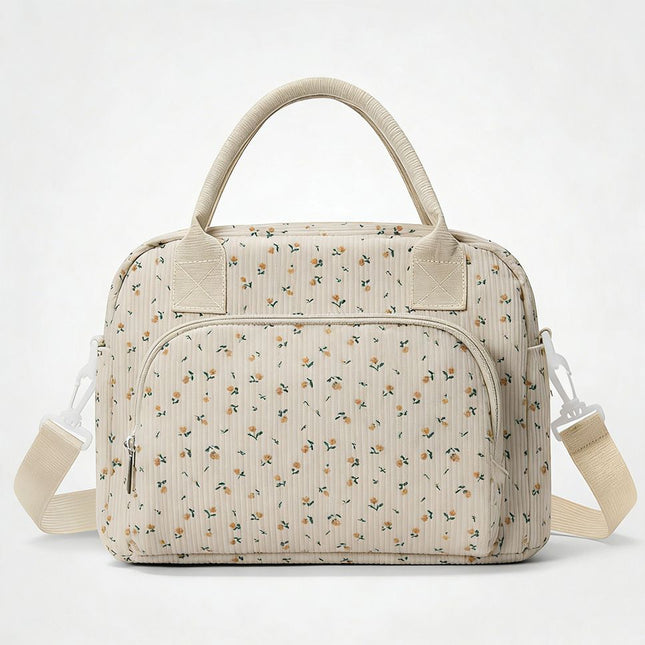 Beige Floral Print Soft Corduroy Insulated Lunch Bag for Women and V888-ELOSUNG52426