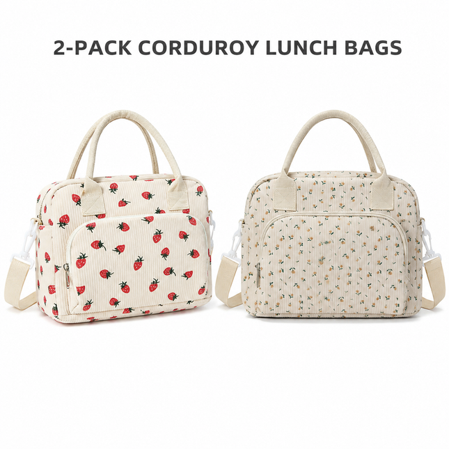 2-Pack Strawberry & Beige Floral Print Soft Corduroy Insulated Lunch Bag for Women and V888-ELOSUNG52427