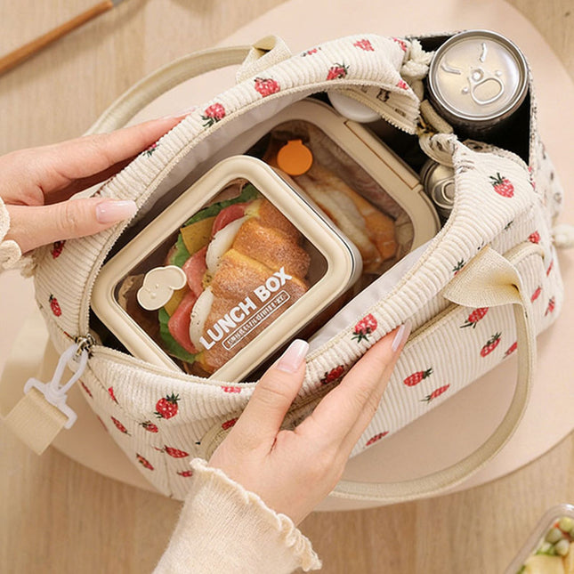 2-Pack Strawberry & Beige Floral Print Soft Corduroy Insulated Lunch Bag for Women and – product detail