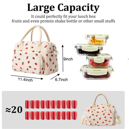 2-Pack Strawberry & Beige Floral Print Soft Corduroy Insulated Lunch Bag for Women and Students - Large Capacity Thermal Lunch Tote with Shoulder Strap, Front Zip Pocket and Side Bottle Holder 11.4 x 9 6.7 inch