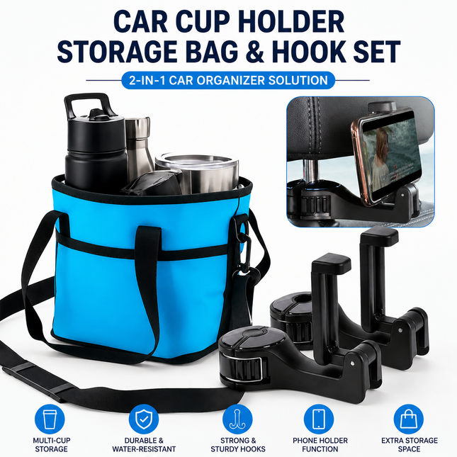 Black and Blue Foldable 4-Zone Car Insulated Drink Carrier Bag Bonus 2 Pack Mutifunctional Headrest