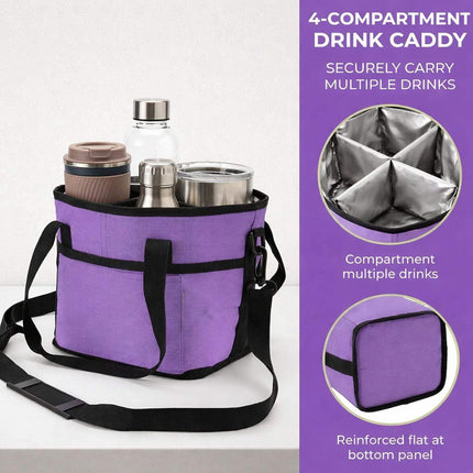Black and Purple Foldable 4-Zone Car Insulated Drink Carrier Bag Bonus 2 Pack Mutifunctional Headrest Hook Phone Holders, No-Spill Car Cup Holder Organizer and Back Seat Mobile Phone Mount Travel Set for Most Water Bottles