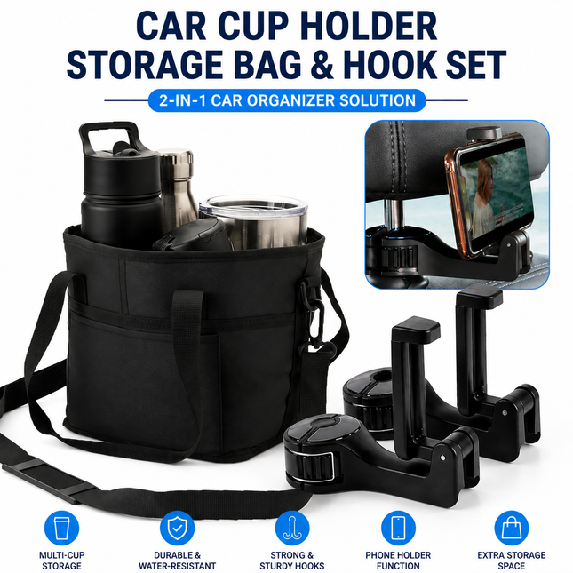 Black Foldable 4-Zone Car Insulated Drink Carrier Bag Bonus 2 Pack Mutifunctional Headrest Hook
