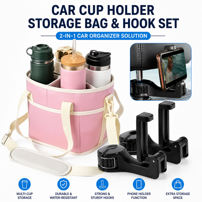 Pink Foldable 4-Zone Car Insulated Drink Carrier Bag Bonus 2 Pack Mutifunctional Headrest Hook