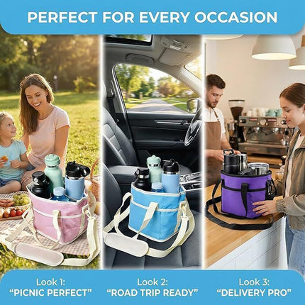 Pink Foldable 4-Zone Car Insulated Drink Carrier Bag Bonus 2 Pack Mutifunctional Headrest Hook Phone Holders, No-Spill Car Cup Holder Organizer and Back Seat Mobile Phone Mount Travel Set for Most Water Bottles