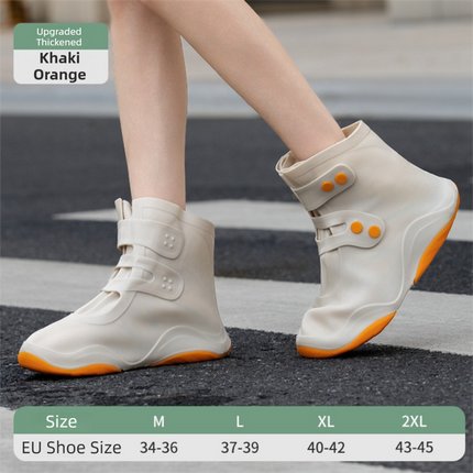 Thickened Waterproof Silicone Rain Shoe Covers with Adjustable Double Buckle Closure, Durable Non-Slip Reusable Overshoes for Men and Women Hiking Camping Daily Use, Khaki Orange Blocking, XL Size (EU 40-42)