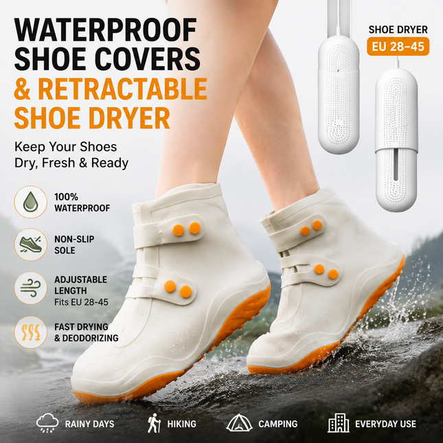 Thickened Waterproof Silicone Rain Shoe Covers and USB Powered Telescopic 3-Setting Timer Shoe Dryer Set (EU