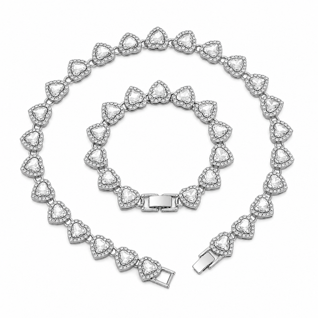 Silver-Plated Heart Rhinestone Cuban Link 20 inch Tennis Necklace and 8 inch Tennis Bracelet Set