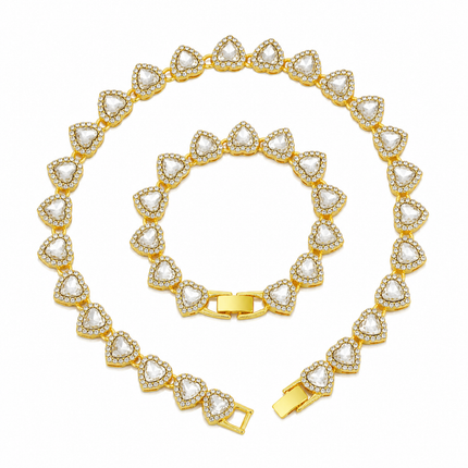 Gold-Plated Heart Rhinestone Cuban Link 20 inch Tennis Necklace and 8 inch Tennis Bracelet Set for Women, Crystal Heart Chain Fashion Jewelry Accessories with Gift Box
