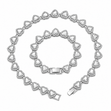 Silver-Plated Heart Rhinestone Cuban Link 18 inch Tennis Necklace and 7 inch Tennis Bracelet Set for Women, Crystal Heart Chain Fashion Jewelry Accessories with Gift Box