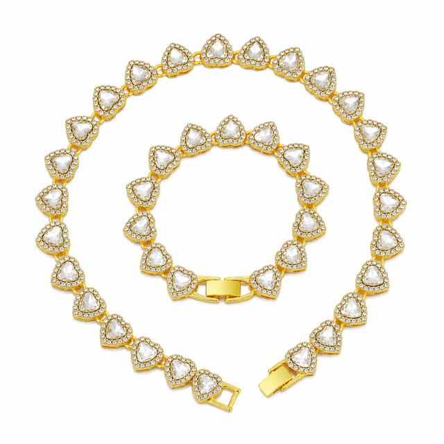 Gold-Plated Heart Rhinestone Cuban Link 18 inch Tennis Necklace and 7 inch Tennis Bracelet Set