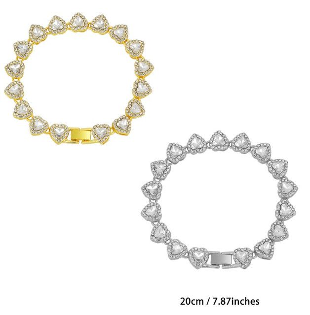 8 inch Silver-Plated & Gold-Plated Heart Rhinestone Tennis Bracelet for Women Crystal Heart Chain Fashion