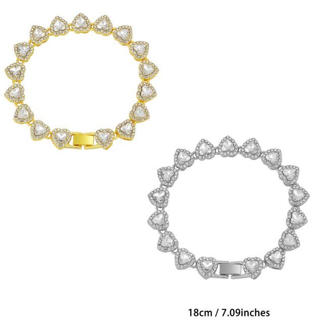 7 inch Silver-Plated & Gold-Plated Heart Rhinestone Tennis Bracelet for Women Crystal Heart Chain Fashion