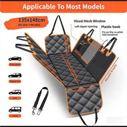 Waterproof Dog Car Rear Seat Protector 135 x 148CM - Durable Oxford Non Slip Pet Hammock with Storage Pockets , Zipper Mesh Window and 6 Fixed Buckles, Seat Belt Access Opening and Pet Leash