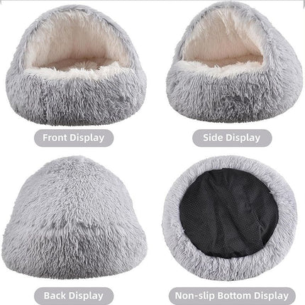 Grey Winter Long Plush Round Donut Cat Bed M Size Dia 40CM - Soft Fluffy Semi-Enclosed Pet Cave Bed with Non-Slip Base, Machine Washable for Cats Dogs Home and Travel Use