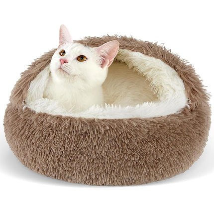 Brown Winter Long Plush Round Donut Cat Bed L Size Dia 50CM - Soft Fluffy Semi-Enclosed Pet Cave Bed with Non-Slip Base, Machine Washable for Cats Dogs Home and Travel Use