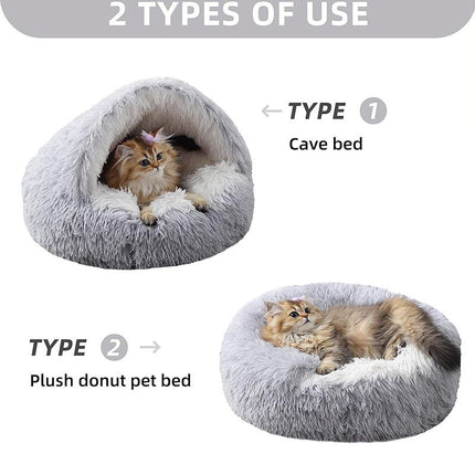 Brown Winter Long Plush Round Donut Cat Bed XL Size Dia 60CM - Soft Fluffy Semi-Enclosed Pet Cave Bed with Non-Slip Base, Machine Washable for Cats Dogs Home and Travel Use