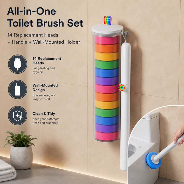 Disposable Toilet Brush Set with 14 Preloaded Cleaning Refill Heads & Wall Mounted Storage