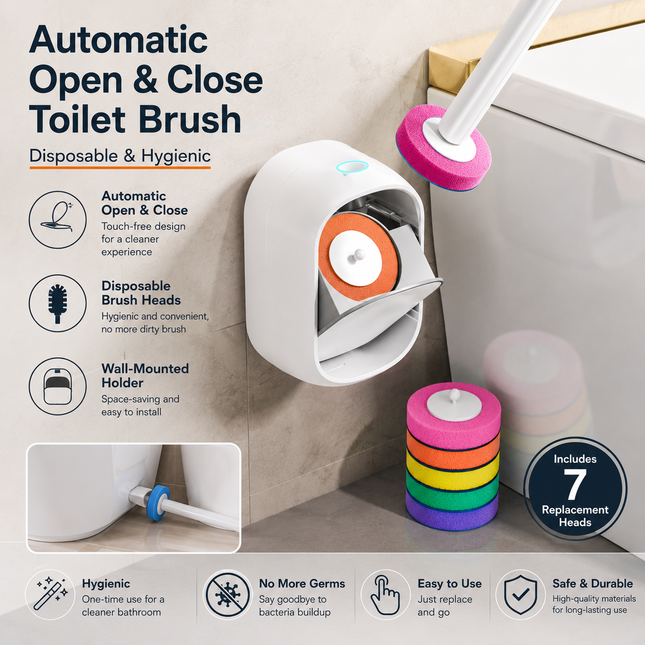 Automatic Flip-Open Disposable Toilet Brush Set with 7 Cleaning Refill Heads Wall Mounted