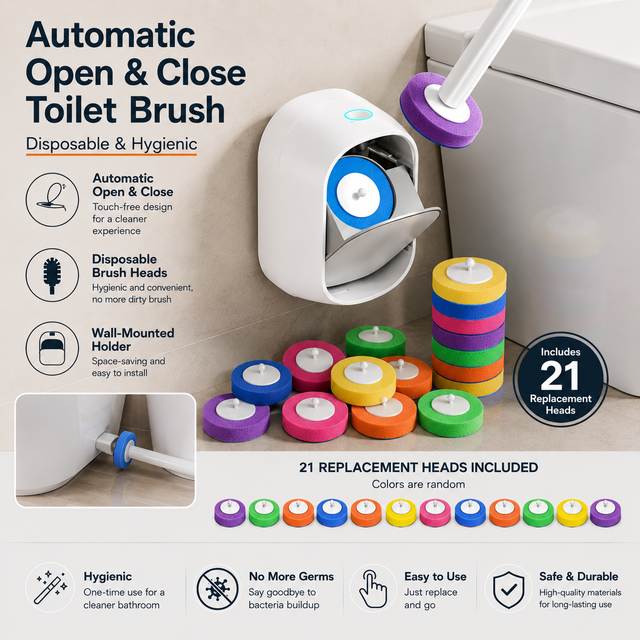 Automatic Flip-Open Disposable Toilet Brush Set with 21 Cleaning Refill Heads Wall Mounted