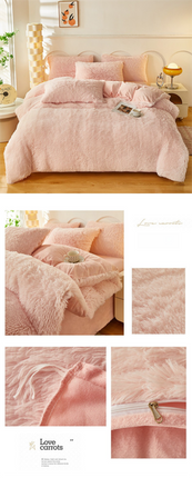 Pink Luxury Thick Plush 4 Piece Bedding Set for 1.5m & 1.8m Beds – Winter Ultra Soft Warm Bedding with Double-Sided Faux Mink Fur & Crystal Velvet, includes 200 x 230CM Quilt Cover, 230 X 250cm Flat Sheet and 2PCS  48 × 74CM Pillowcases